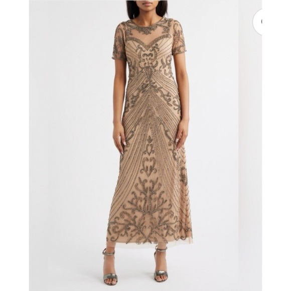 Pisarro Nights Beaded V Neck Short Sleeve Maxi Dress Formal Evening Gown Size 8 - Picture 1 of 9